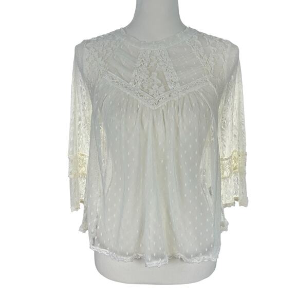 Free People Lace Top Women Sze Medium Ivory White Boho Romantic Sheer Dot Blouse - Picture 1 of 14